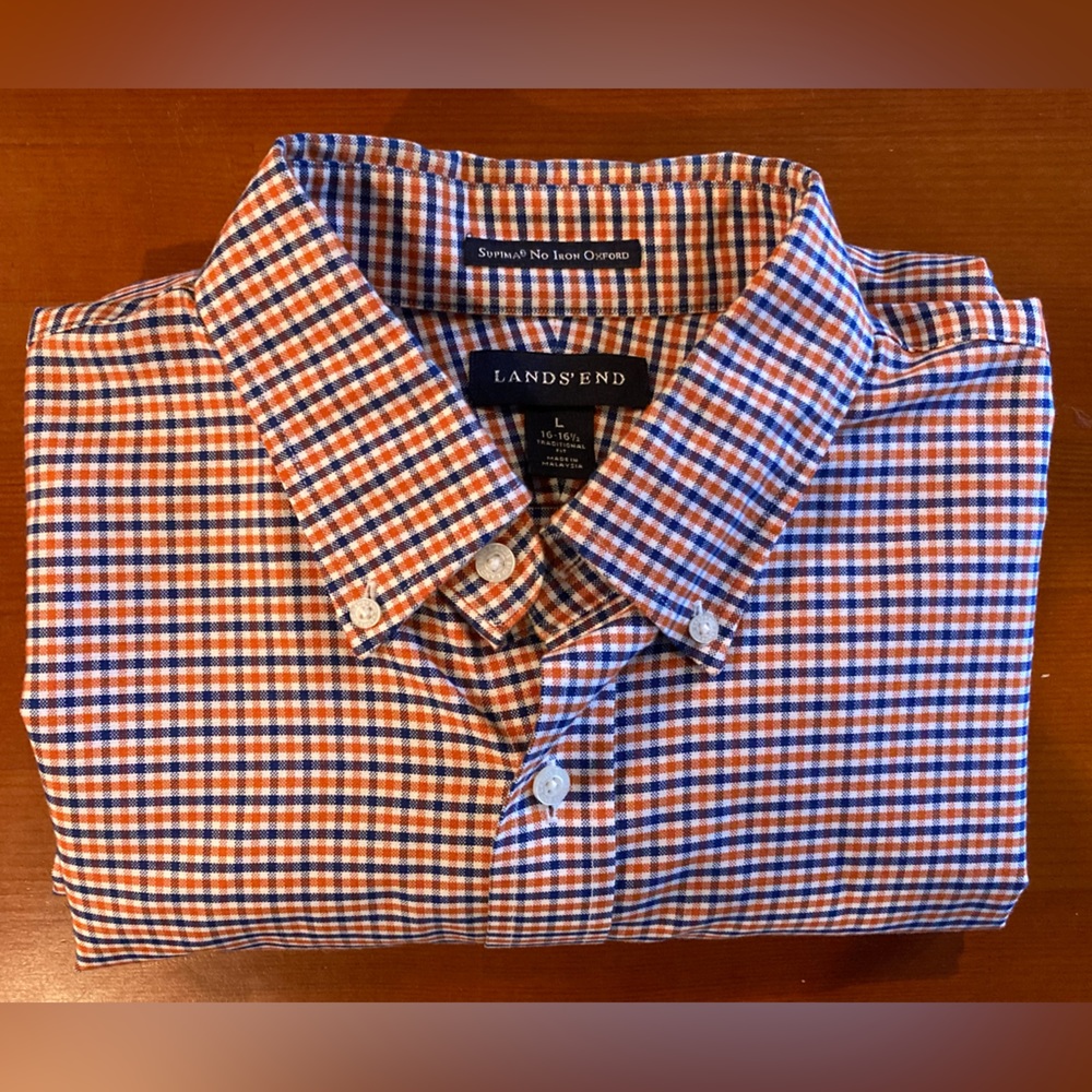 Lands’ End Supima No Iron Oxford Shirt Mens Size L 16-16 1/2 Blue Orange Plaid